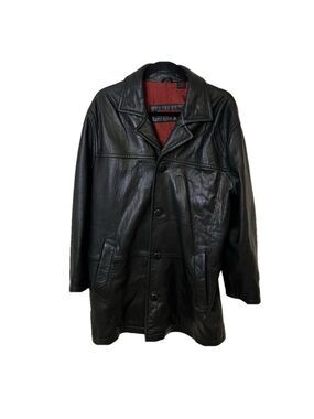 Vintage Black Leather Car Coat Y2K Midi Length Nicole Miller Women Medium EUC